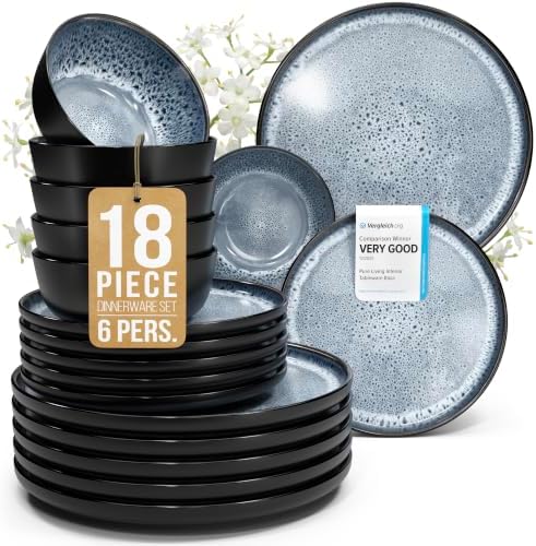 18 Piece Stoneware Dinnerware Set for 6, Handcrafted Plates and Bowls Set by PURELIVING