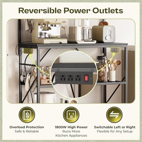Huuger 4-Tier Bakers Rack with Reversible Power Outlet, 31.5 Inch Microwave Stand, Kitchen Coffee Bar, with Top Shelf, 6 S Hooks, Black - Image 4