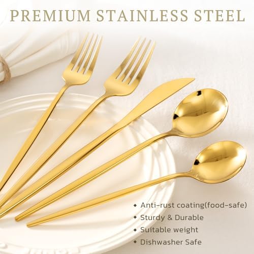 Astercook Silverware Set 48-Piece Gold Flatware Set with Steak Knives Food-Grade Stainless Steel Cutlery Set for 8 Mirror Polished Utensils Set for Home Kitchen Restaurant - Image 4