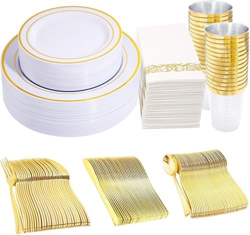 350 Pieces White and Gold Plastic Plates - 50 Guest Dinnerware Set Include 100 Plates, 50 Gold Plastic Silverware, 50 Paper Napkins and 50 Cups for Wedding/Baby Shower/Birthday/Party by WDF