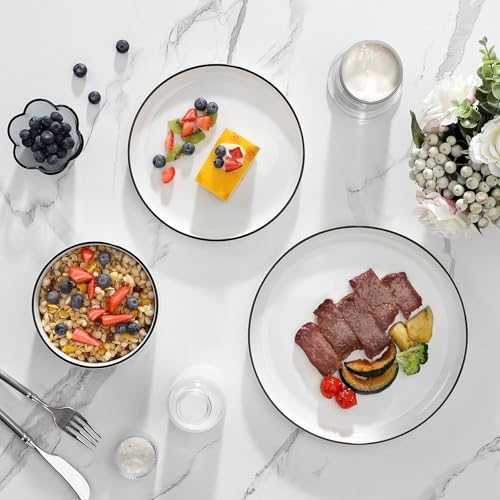 MALACASA Plates and Bowls Sets, 12 Pieces Modern Porcelain Dinnerware Set for 4 White Kitchen Dinner Dining Ware Set wtih Black Rim Ceramic Dishware Dishes Microwave and Dishwasher Safe, Series LUNA - Image 6