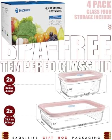 Airtight Glass Food Storage Set with Tempered Glass Lids, 4-Pack (2x4.7 & 2x9.3 Cup), Non-Toxic & Plastic-Reduced, Thermal Shock Resistant, Gift Ready - Image 2