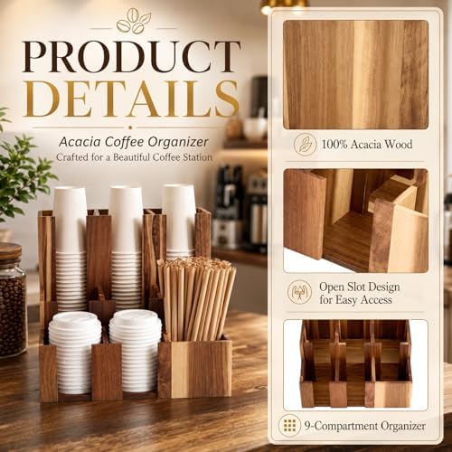 CroBlissful 9 Compartment Acacia Wood Vertical Coffee Cup and Lid Dispenser - Image 3