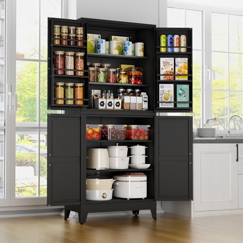 Black Kitchen Pantry Storage Cabinet, 75" Metal Storage Cabinet by RISTERN