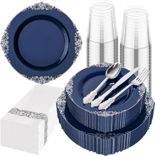 Hioasis 175pcs Blue and Silver Plastic Plates 10.25" by Hioasis