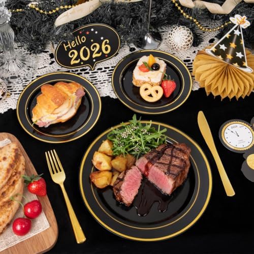 350 Pieces Black and Gold Plastic Plates with Disposable Silverware, Include 50 Dinner Plates 9”, 50 Dessert Plates 6.3”, 50 Black Cups 9 OZ, 50 Pre Rolled Napkins for Wedding/Party/Birthday/Halloween - Image 6