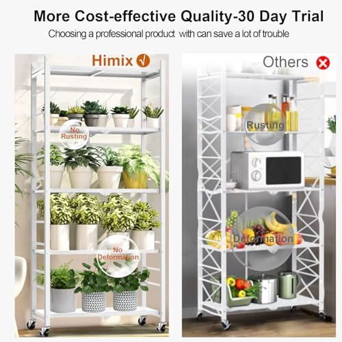 Himix 5-Tier Foldable Storage Shelves 20 Hooks Wheels White No Assembly - Image 6