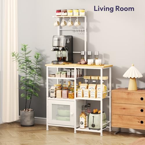 SWTYMIKI Bakers Rack with Storage - Coffee Bar Cabinet Organizer with 8 Hooks, Shelves & Cabinet Door, Coffee Station for Kitchen Dining Room, Microwave Stand with Adjustable Feet, White - Image 3
