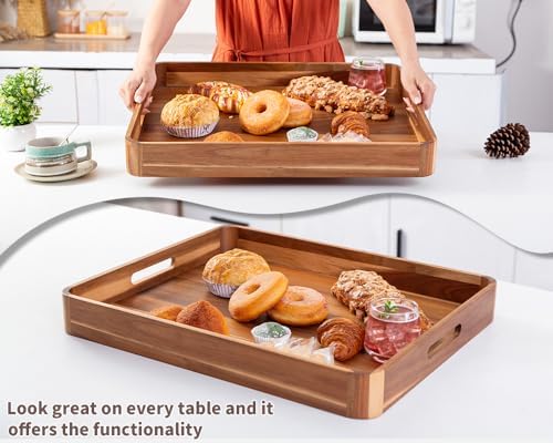 Large Wooden Ottoman Tray, Great 22"x18" Rectangle Trays for Big Ottoman Counter, Huge Kitchen Wood Serving Tray Round Corner, Living Room Coffee Table Decor Centerpiece Organizer Trays - Image 2