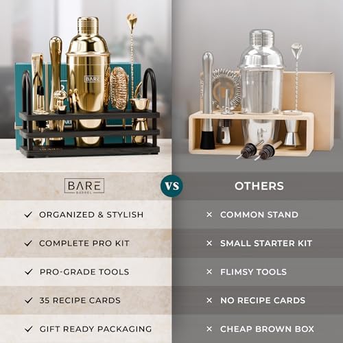 BARE BARREL® Mixology Bartender Kit Bar Set | 14-Piece Cocktail Shaker Set | Martini Barware Mixing Tools for Home Bartending | 35 Recipe Cards | Gift Set (24oz Cobbler Shaker, Gold/Black) - Image 6