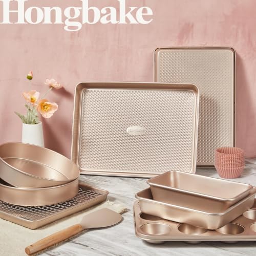 HONGBAKE 22-Piece Baking Pans Set Nonstick, Stackable Non Toxic Bakeware Sets with Diamond Texture, Oven Pan Set for Cooking, Includes Cookie Sheet with Rack, Cake Pan, Roasting Pan, Muffin Tin, Gold - Image 2