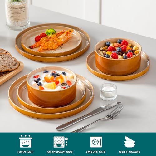 vancasso ONION Ceramic Plates and Bowls Sets, 12 Pieces Brown Dinnerware Sets for Kitchen, Reactive Glaze Dishes Set for 4, Dishwasher and Microwave Safe - Image 4