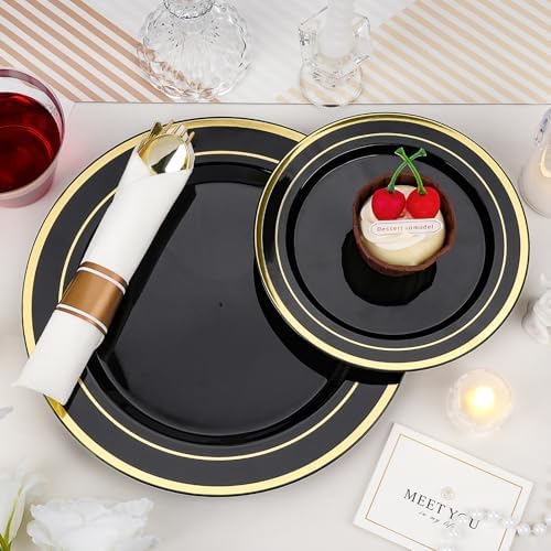 realluck 350 PCS Black Plastic Dinnerware Set for 50 Guests, 100 Disposable Plates for Party, 50 Pre Rolled Napkins with Gold Silverware, 50 Cups for Graduation - Image 3