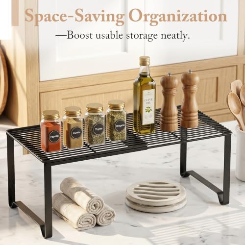 Extendable Metal Wire Shelf Organizer - Adjustable 15-24.4in Length, Stackable Storage Rack for Kitchen/Pantry/Bathroom/Shoe Cabinet/Tool Closet (1,Black) - Image 5