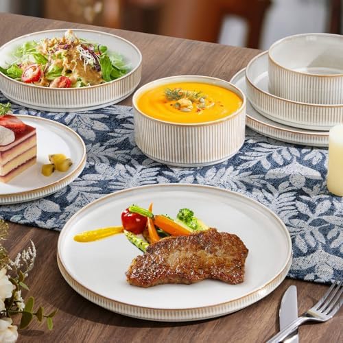 LIANYU 8 Piece Stoneware Plates and Bowls Dishes Set for 2, Dinnerware Sets with Pasta Bowls, Ribbed Dining Ware Dishware for Home Wedding, Microwave and Dishwasher Safe, Dawn Beige - Image 4