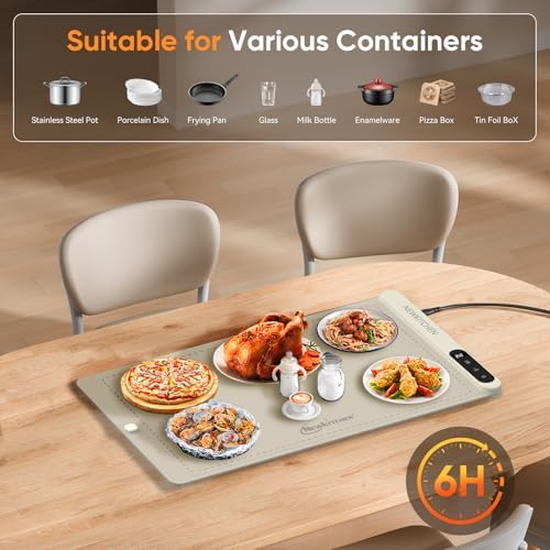 NEWKITCHEN Warming Mat for Food, (XL 24"x15") Food Warming Mat for Countertop 6 Temp 6 Hour Settings Upgrade Graphene Fast Full Surface Heating -Versatile Food Warmer for Gatherings, Parties - Image 4