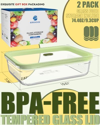 Glass Meal Prep Containers with Lids 2 Pack, 74oz(9.3 Cup) Airtight Food Storage Containers Set with Tempered Glass Lids & Steam Release, Freezer/Microwave/Oven/Dishwasher Safe, BPA-Free - Image 2