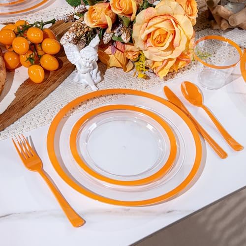 I00000 210 Pcs Clear Orange Plastic Dinnerware Set, Fancy Disposable Plates - Image 2