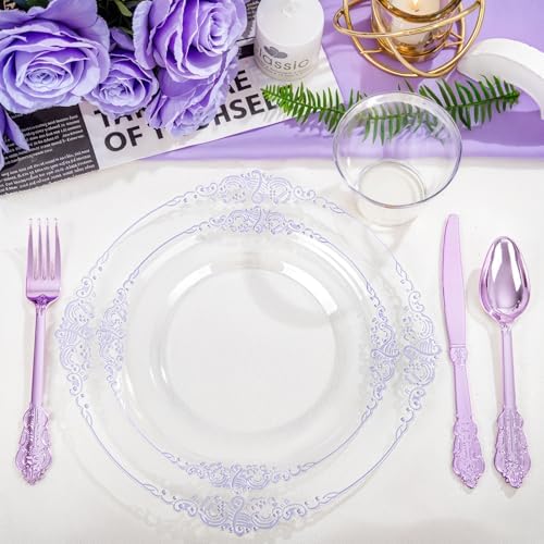 Hioasis 175 Pcs Clear Purple Plates for Party - Image 3