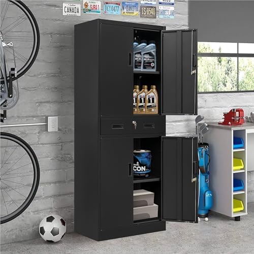 CJF 71" H Tall Metal Storage Cabinet with Drawer, Locking Garage Cabinet with 2 Adjustable Shelves, Heavy-Duty Tool File Storage Cabinets for Home Office, Kitchen, Warehouse, Shop (Black) - Image 5