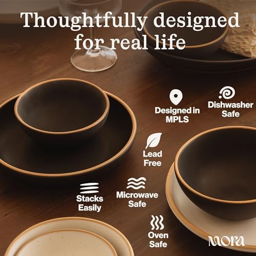 MORA Medium Dishes Set of 4, 30oz Ceramic Pottery Pasta Plate/Wide Bowls - Microwave, Oven and Dishwasher Safe - Liquorice - Image 4