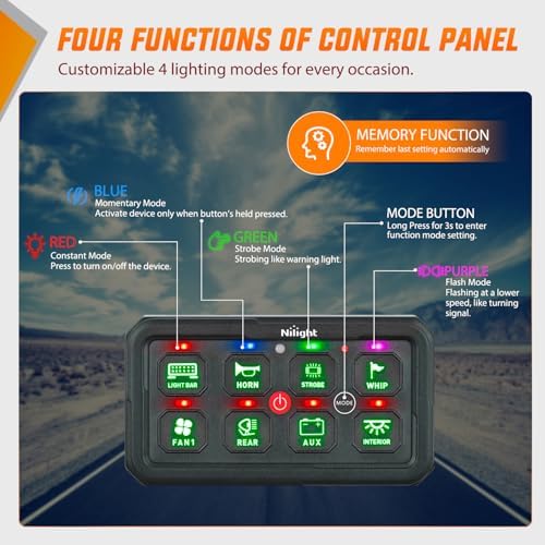 Nilight 8 Gang Switch Panel Green 12V 24V Circuit Control System 4-Mode - Image 2