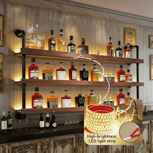 55IN Wall Mounted Wine Rack 3-Tier Industrial Pipe with LED Light - Image 5