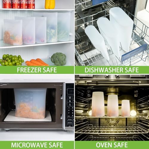 Reusable Storage Bags, Large-Size Set, 12 Pack 100% Silicone Food Storage Bags Stand Up Zip Lock Bags for Food, Freezer Microwave Oven Dishwasher Safe, 4 XL-0.8 Gallon + 4 L + 4 M, Translucent - Image 6