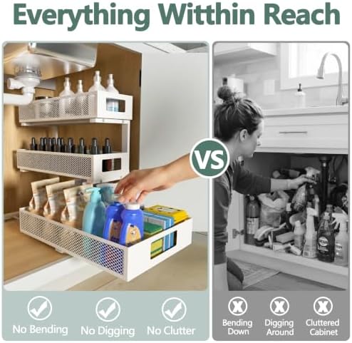 Under Sink Organizer, 3-Tier Height Adjustable Pull Out Cabinet Organizer - Image 5