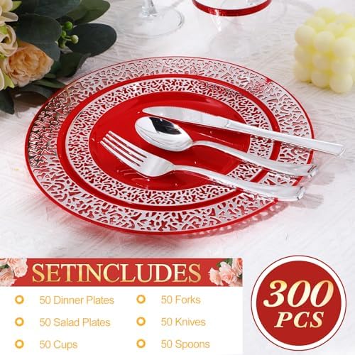 Norme 300 Pieces Disposable Plastic Dinnerware Set, 100 Plastic Plates, 150 Knives, Forks and Spoons with 50 Rimmed Cups for 50 Guests Wedding Party Supplies(Red Silver) - Image 3