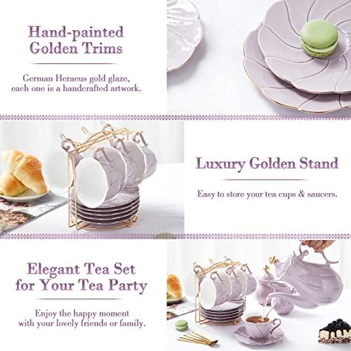 DUJUST 22 pcs Porcelain Tea Set for 6, Luxury British Style Tea/Coffee Cup Set with Golden Trim, Beautiful Tea Set for Women, Tea Party Set, Gift Package (With a Stand) - Purple - Image 4
