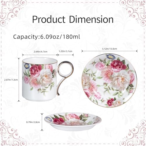 KAMMAK Tea Cups and Saucers Set of 2, Porcelain Coffee Cups, JBE014 - Image 2
