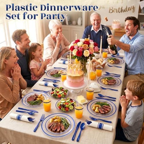 350PCS Clear Blue Plastic Plates Dinnerware Sets for 50 Guests - Image 5