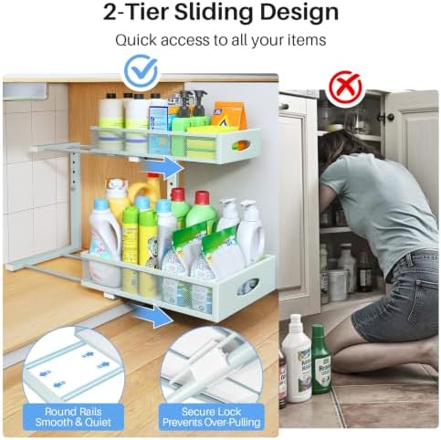 Under Sink Organizer, 2 Pack 2 Tier Pull Out Under Cabinet Organizer Shelf with Pad for Framed Cabinets, Metal Slide Out Under Sink Storage, Mesh Sliding Drawers for Kitchen Bathroom Laundry, Blue - Image 4