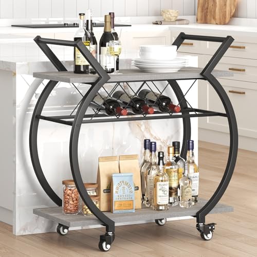 LVB Bar Carts for the Home, Industrial Wine Cart with Storage, Grey Oak - Image 6