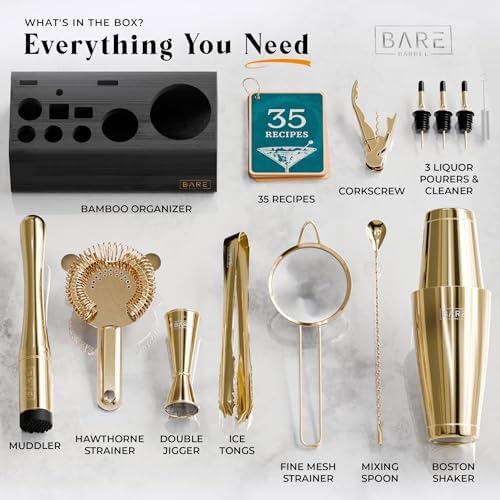 BARE BARREL® Mixology Bartender Kit Bar Set | 14-Piece Cocktail Shaker Set | Martini Barware Mixing Tools for Home Bartending | Incl. 35 Recipe Cards | Gift Set (28oz Boston Shaker, Gold/Black) - Image 4