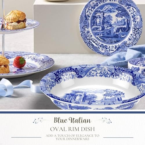 Spode Blue Italian Oval Rim Platter - 12.5" x 8.75" Porcelain Serving Platter with Intricate Scroll Border & Countryside Scene - Elegant Tableware for Entertaining, Dining Displays, Gifting - Image 3