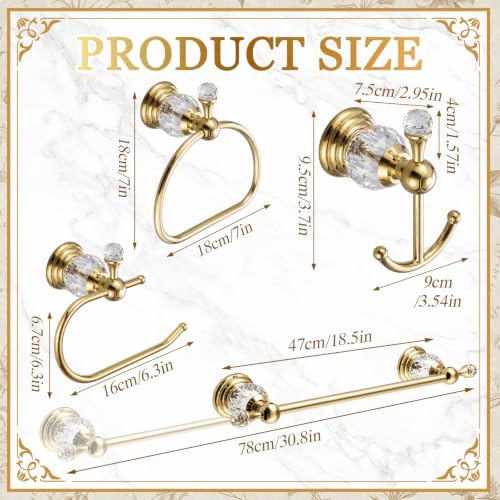 4 Pcs Polished Gold Crystal Bathroom Accessories Set with Adjustable Towel Bar & Semicircular Towel Ring & Toilet Paper Holder & Robe Hook, Luxury Vintage Bath Hardware Fixture Set (style 9) - Image 2