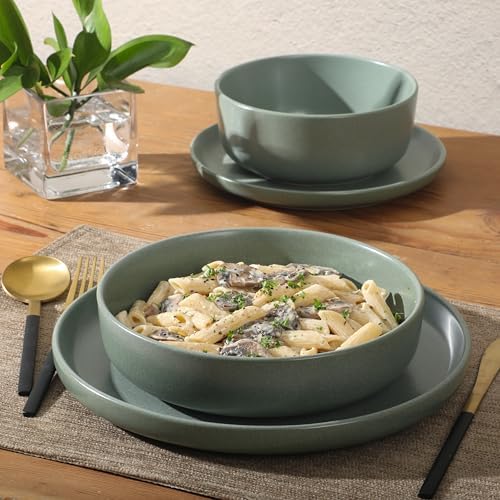Gibson Elite Pasco 16 Piece (Service for 4) Plates and Bowls Double Bowl Reactive Glaze Dishes Stoneware Ceramic Dinnerware Set - Green - Image 6