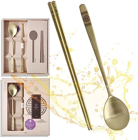 [5 Sets] [Made in Korea] Korean Sticky Rice Spoon Chopsticks Set Gold Titanium Plating 304 Stainless Steel Tableware Cutlery Set Mukbang Chopsticks (Korean Palace Pattern TITANIUM, 5 Sets) by KoreanPremiumKitchenware