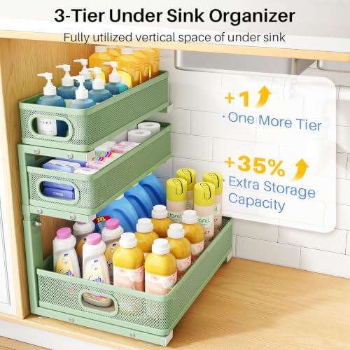 Under Sink Organizer, 3-Tier Thickened Metal Pull out Cabinet Organizer Shelf, Height Adjustable Slide out Storage Drawer Rack for Kitchen Bathroom Pantry Laundry Home Organization, 2-Pack, Green - Image 3