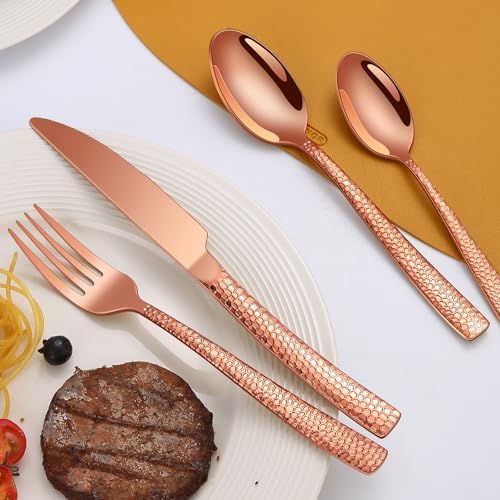 40-Piece Silverware Set, Rose Gold Hammered Stainless Steel Flatware Sets for 8, Food-Grade Tableware Set, Including Fork Knife Spoon Set, Home Kitchen Cutlery Sets, Dishwasher Safe - Image 4