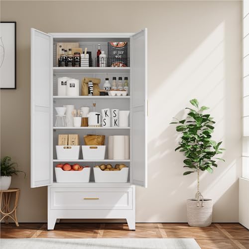 YAUWOH 71''Tall Kitchen Pantry Cabinet with Drawer,5-Tiers Metal Pantry Storage Cabinet with 4 Adjustable Shelves and 2 Barn Doors, Freestanding Farmhouse Food Cupboard for Dining Room (1PC,White) - Image 5