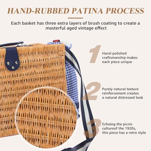 Wicker Picnic Basket for 2, Blanket & Wine Pouch, 16.6" Blue - Image 3