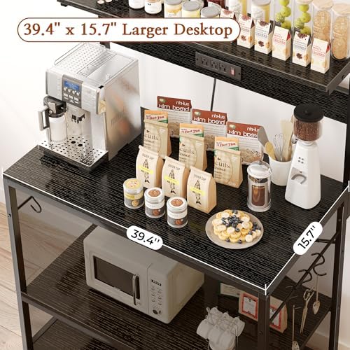 SUPERJARE Bakers Rack with Power Outlets, Microwave Stand, 39.4 X 14.3 Inch Larger Desktop, Kitchen Storage Rack with Adjustable Middle Shelf, 6 S-Shaped Hooks, Coffee Bar Stand, Black - Image 5