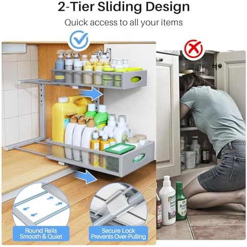 Under Sink Organizer, 2 Pack 2 Tier Pull Out Under Cabinet Organizer Shelf with Pad for Framed Cabinets, Metal Slide Out Under Sink Storage, Mesh Sliding Drawers for Kitchen Bathroom Laundry, Grey - Image 4