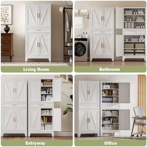 COFaR 71" Tall Kitchen Pantry, Farmhouse Storage Cabinet with Doors and Shelves, Metal Cabinet with Drawers and Legs, for Cupboard/Dining Room/Bathroom/Living Room/Office/Laundry Room (White). - Image 4