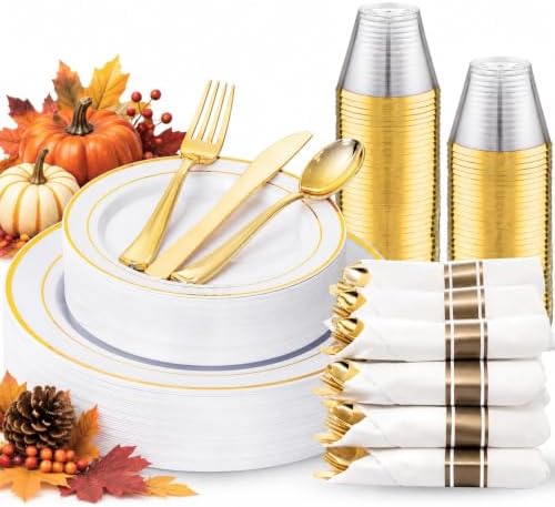 WDF Partyware 175PCS White and Gold Plastic Plates - Gold Plates with Rolled Napkins for Party - 25Guest Disposable Dinnerware Sets for Thanksgiving/Wedding/Birthday by WDF