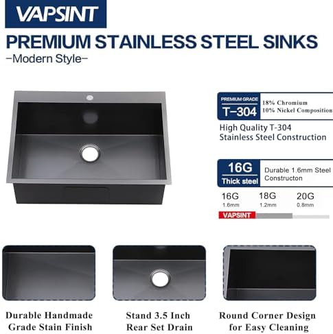 VAPSINT 25 x 22 Inch Black Drop In Kitchen Sink, 25 Inch Top Mount 16 Gauge Extra-Thick Stainless Steel Single Bowl Deep Small Kitchen Sink, RV Laundry Utility Sinks with Basket Strainer - Image 4