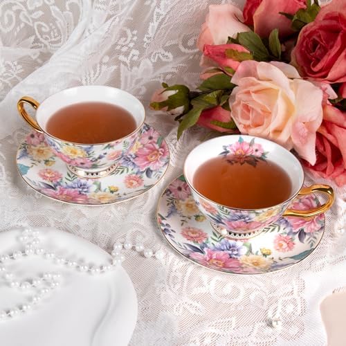 KAMMAK Tea Cups and Saucers Set of 2, Porcelain Coffee Cups, JBE018 - Image 5